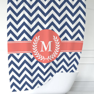 Navyblauw en Koraal Chevron Lauwerkrans Monogram Douchegordijn