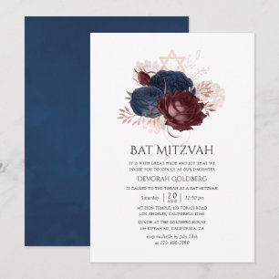 Navyblauw en wijnrood bloemstuk Bat Mitzvah Kaart