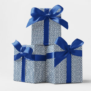 Navyblauw en wit Grieks sleutelpatroon Cadeaupapier