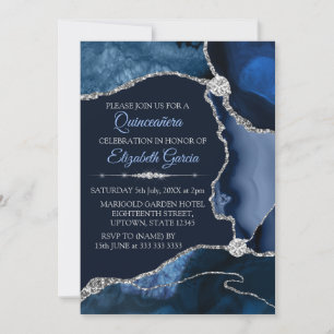 Navyblauw en Zilver Glitter Agate Quinceanera Kaart