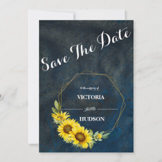 Navyblauw & Geometrisch Gouden Zonnebloemen Save The Date
