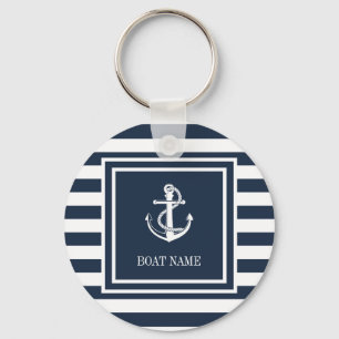 Navyblauw gestreepte nautische anker bootsnaam sleutelhanger