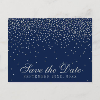 Navyblauw & Glam Zilver Confetti Save The Date Aankondigingskaart