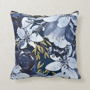 Navyblauw & Goud Elegant Modern Waterverf Bloem Kussen