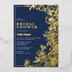 Navyblauw & Goud Elegante Bruiloftsshower met Bl Folie Uitnodiging