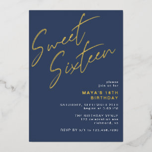 Navyblauw & Goud Sweet Sixteen Cool 16e Verjaardag Folie Uitnodiging