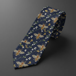 Navyblauw & Gouden Honingbij Bloemen Stropdas