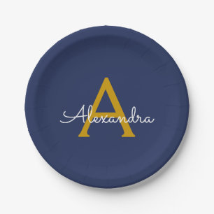 Navyblauw Gouden Meisjesachtig Schrift Monogram Na Papieren Bordje