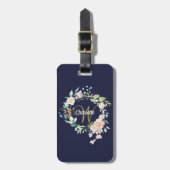 Navyblauw Gouden Schrift Monogram Bloemrozen Bagagelabel (Voorkant verticaal)