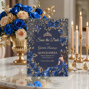 Navyblauw gouden tiara rozen Quinceañera Save The Date