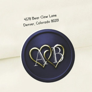 Navyblauw Gouden Twee Harten Zilveren Monogram Ronde Sticker