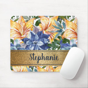 Navyblauw Oranje Bloemmotief Gouden Naam Schrift Muismat