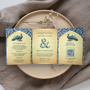 Navyblauw paisley Indische pauw QR-code trouwfeest Drieluik Uitnodiging
