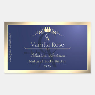 Navyblauw productlabel met gouden frame monogram rechthoekige sticker