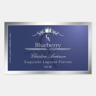 Navyblauw productlabel met zilveren frame-monogram rechthoekige sticker