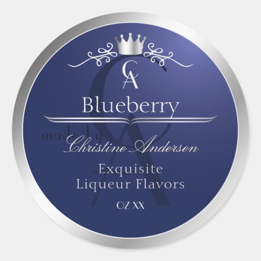 Navyblauw productlabel met zilveren frame monogram ronde sticker (Voorkant)