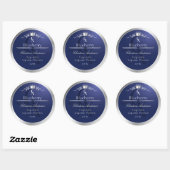Navyblauw productlabel met zilveren frame monogram ronde sticker (Vel)