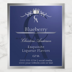 Navyblauw productlabel met zilveren frame-monogram wijn etiket