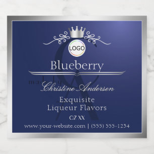 Navyblauw productlabel Zilveren frame Logo Monogra Likeurfles Etiket