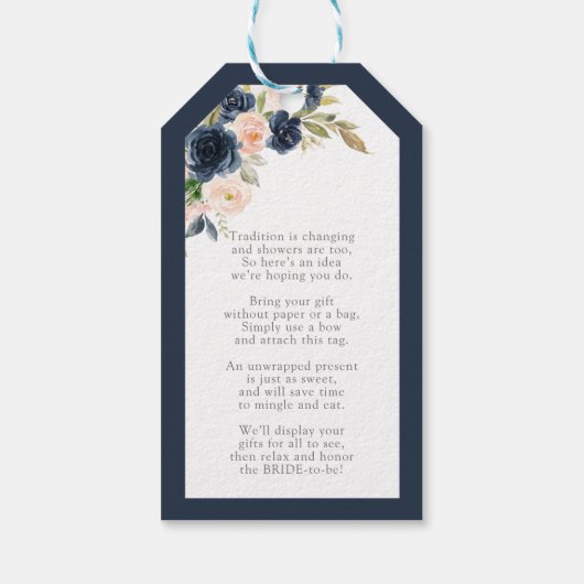 Navyblauw Roze Bloemige Bruidsdouche Niet Ingepakt Cadeaulabel (Achterkant)