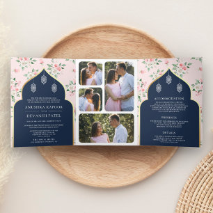 Navyblauw Roze Bloemmotief All-in-One Indiase Trou Drieluik Uitnodiging