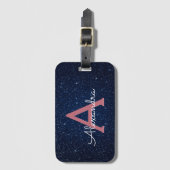 Navyblauw & Roze Gouden Glitter Monogram Bagagelabel (Voorkant (verticaal))