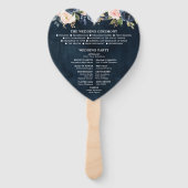 Navyblauw roze roos botanische hart handwaaier (Achterkant)