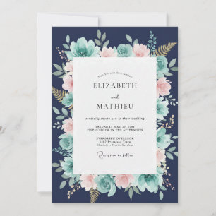 Navyblauw Whimsical Botanisch Huwelijk Kaart
