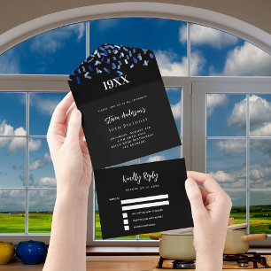 Navyblauw witte confetti jaar verjaardag rsvp all in one uitnodiging