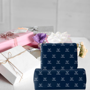 Navyblauw witte naam schrift cadeaupapier