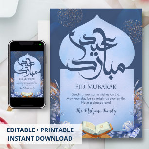 Navyblauw & Zilveren Bloemmotief Koran Eid Mubarak Feestdagenkaart