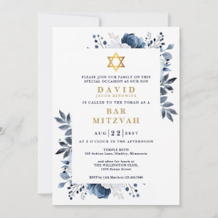 Navyblauwe bloem botanische Bar Mitzvah Bat Mitzva Kaart