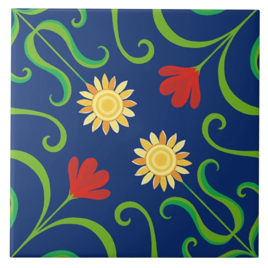 Navyblauwe bloemendamask met zonnebloemen naadloos tegeltje (Voorkant)