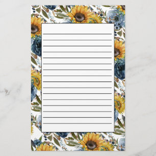 Navyblauwe bloemengele zonnebloemen witte voering briefpapier