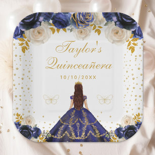 Navyblauwe bloemenkroon Princess Quinceañera Papieren Bordje