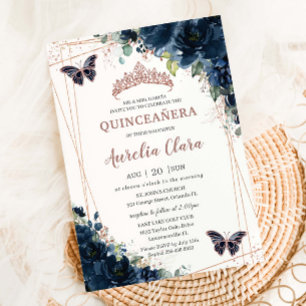 Navyblauwe bloemige Quinceañera roze gouden bloem Kaart