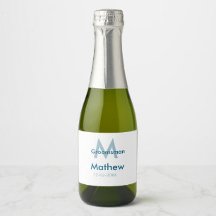 Navyblauwe bruidsjonker naam letter datum mannelij sparkling wijnetiket
