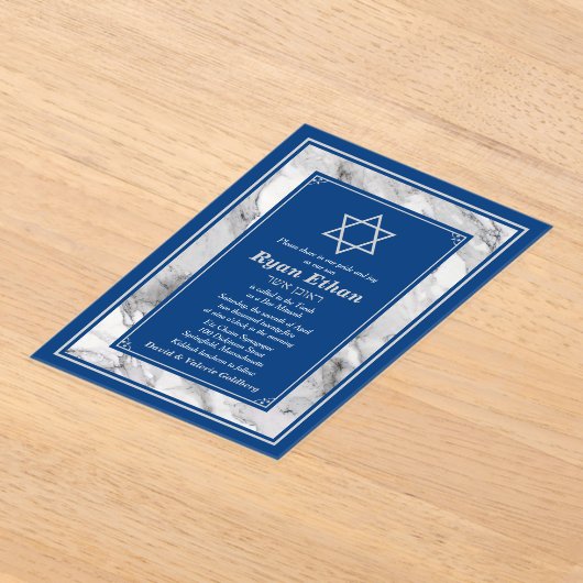 Navyblauwe marmeren ster van David Bar Mitswa Acryl Uitnodigingen (Laagn)