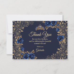 Navyblauwe Quinceañera Gouden Tiara Rozen Bloem Bedankkaart