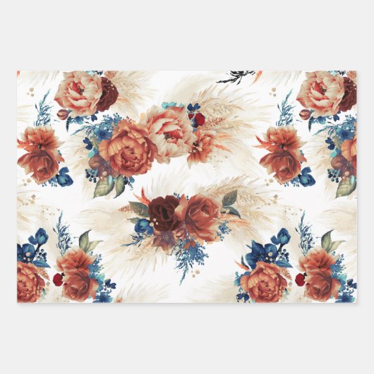 Navyblauwe Terracotta Bloemige Pampagras Botanisch Inpakpapier Vel (Voorkant)