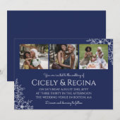 Navye Blue White Floral Photo Collage Wedding Kaart (Voorkant / Achterkant)