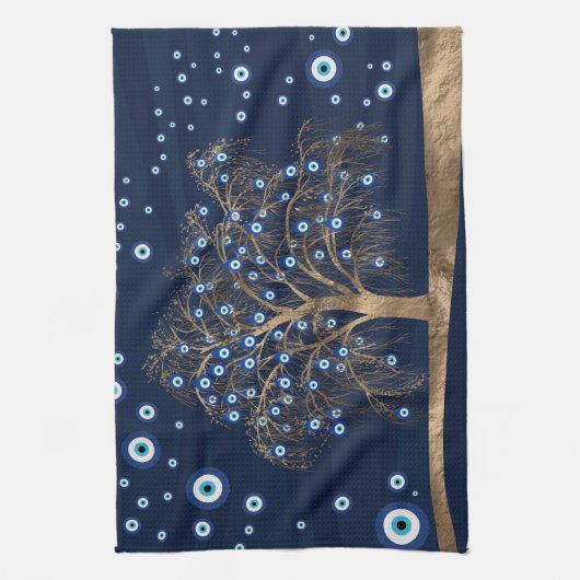 Nazar Charm Tree - Goud op donkerblauw Theedoek (Verticaal)