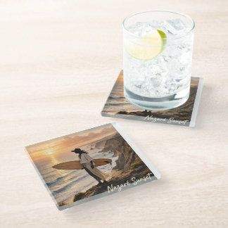 Nazaré Sunset Surf Coaster – Portugal Coastal Phot Glazen Onderzetter