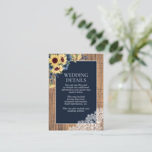 Nazeblauw zonnebloem Botanische kant houten detail Informatiekaartje (Staand voorkant)