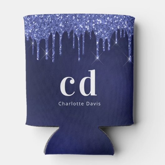 Nazeblauwe glitter druppelt witte monogram naam blikjeskoeler (Achterkant)