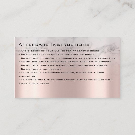 Nazorginstructies Lash Roos Gold Drips Marmer Visitekaartje (Achterkant)