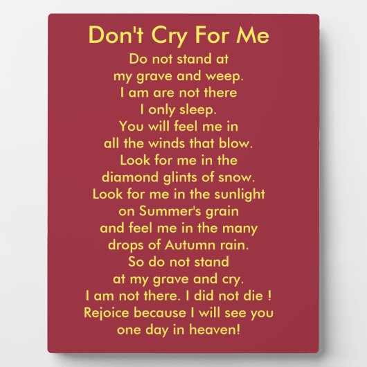 Ne pleure pas pour moi Plaque (Devant)