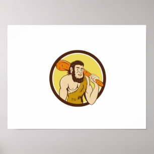 Neanderthaler Man Holding Club Circle Cartoon Poster