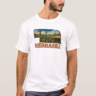 Nebraska Tattoo Style Outline with Cornfields  T-shirt