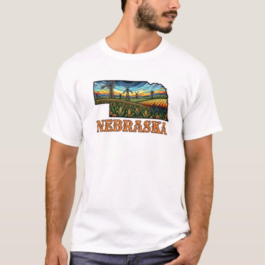 Nebraska Tattoo Style Outline with Cornfields  T-shirt (Voorkant)
